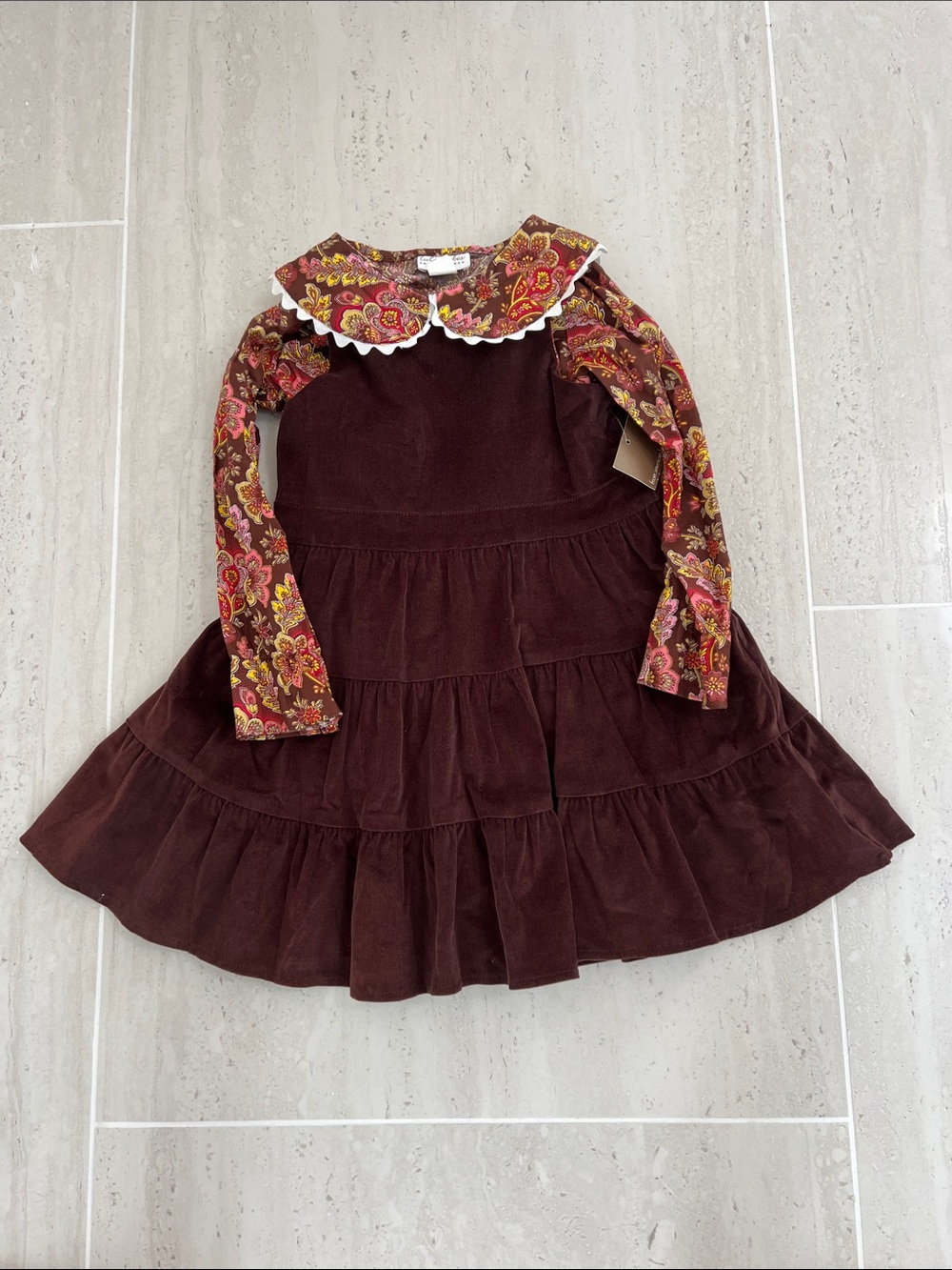 Girls brown Corduroy Tiered Dress with Floral Collar Detail